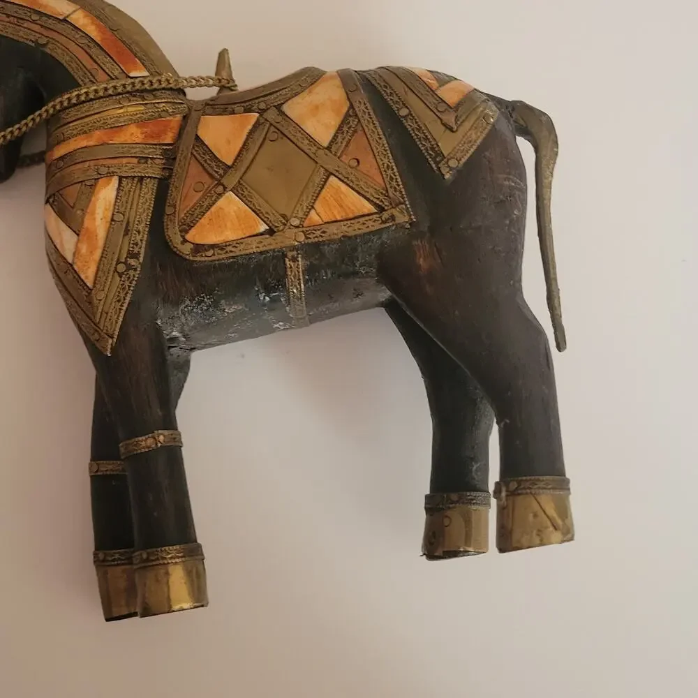 Vintage Carved Wood with Hammered Brass & Stone Inlay Armored War Horse Figure